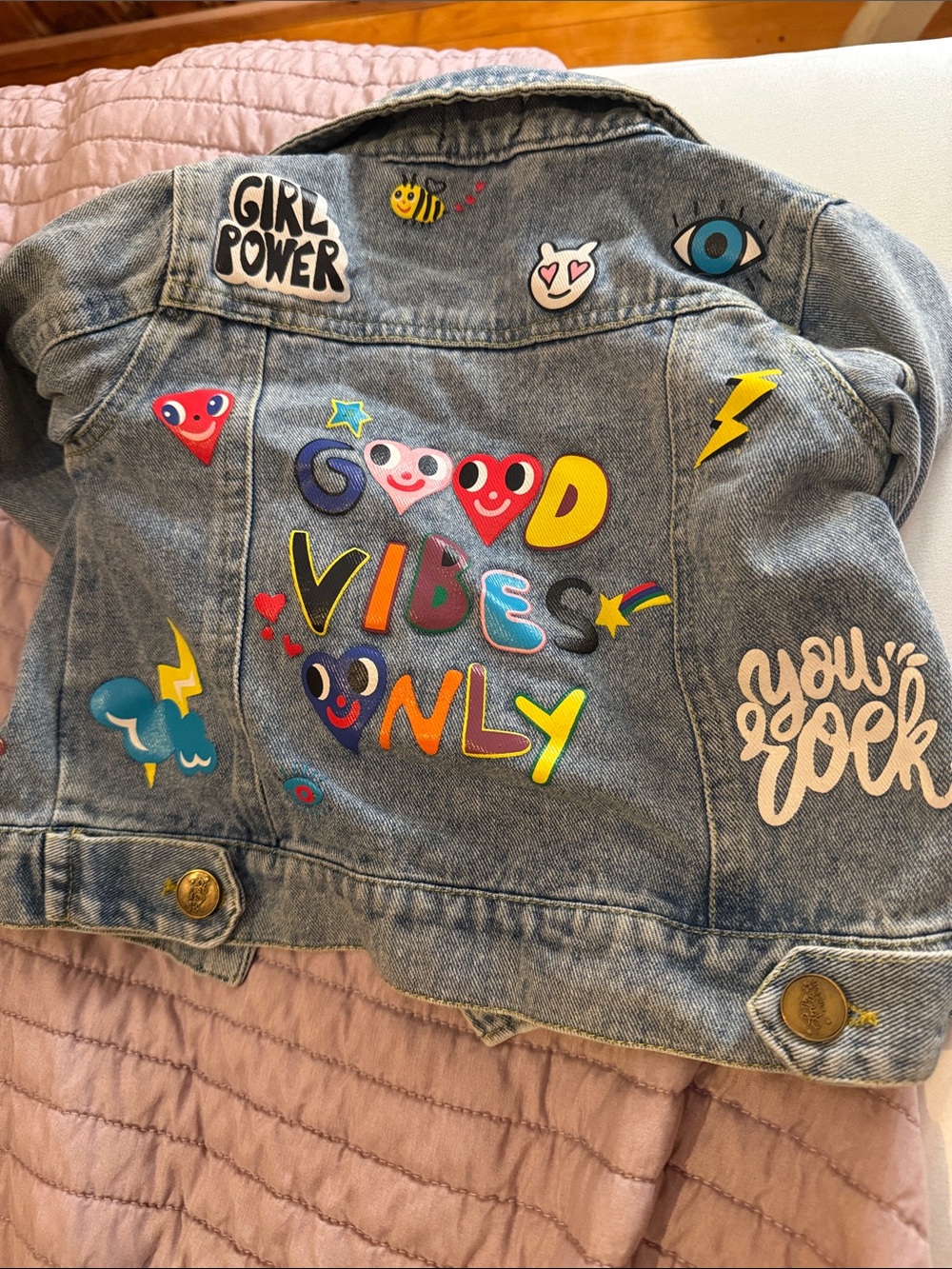 Lola + The Boys Light Blue Denim Jacket with Colorful Patches - Picture 3 of 3